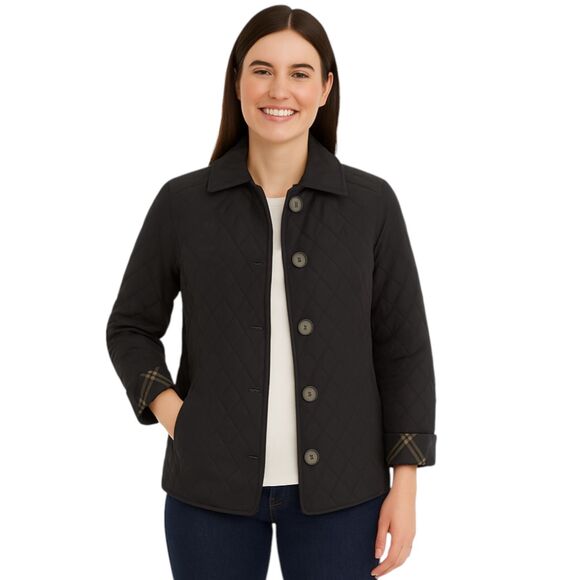 Chico's  Black X-Small Quilted Jacket Plaid Lining Collared Buttons Lightweight - Picture 1 of 15